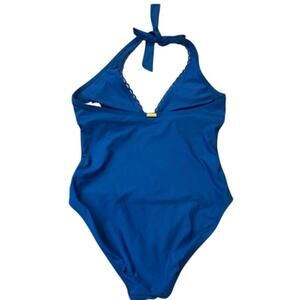 Helen Jon Women’s One Piece Swimsuit Blue Halter Scallop Trim Size M Medium
